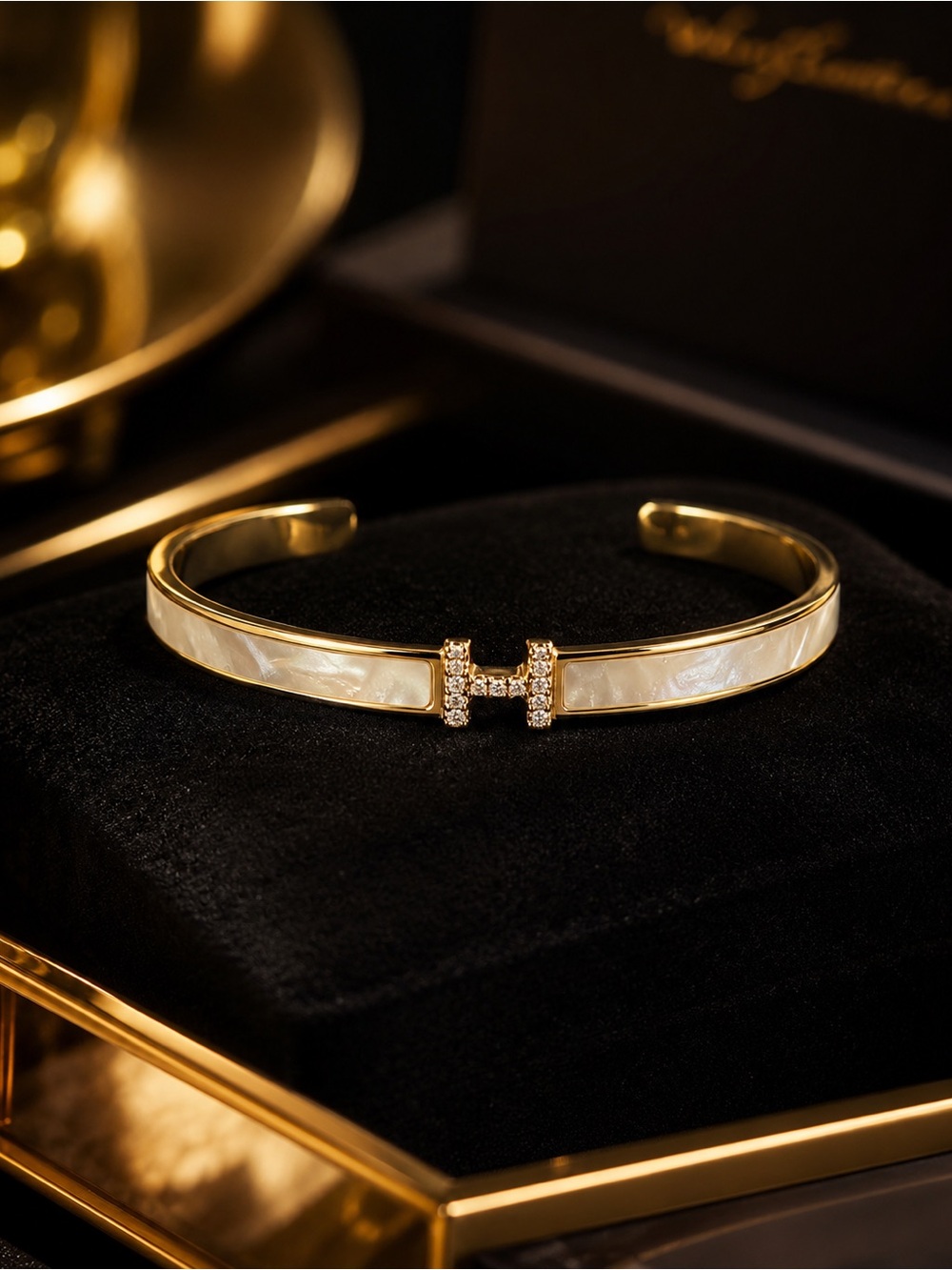 Gold and Crystal Mother Of Pearl H-Accent Cuff Bracelet